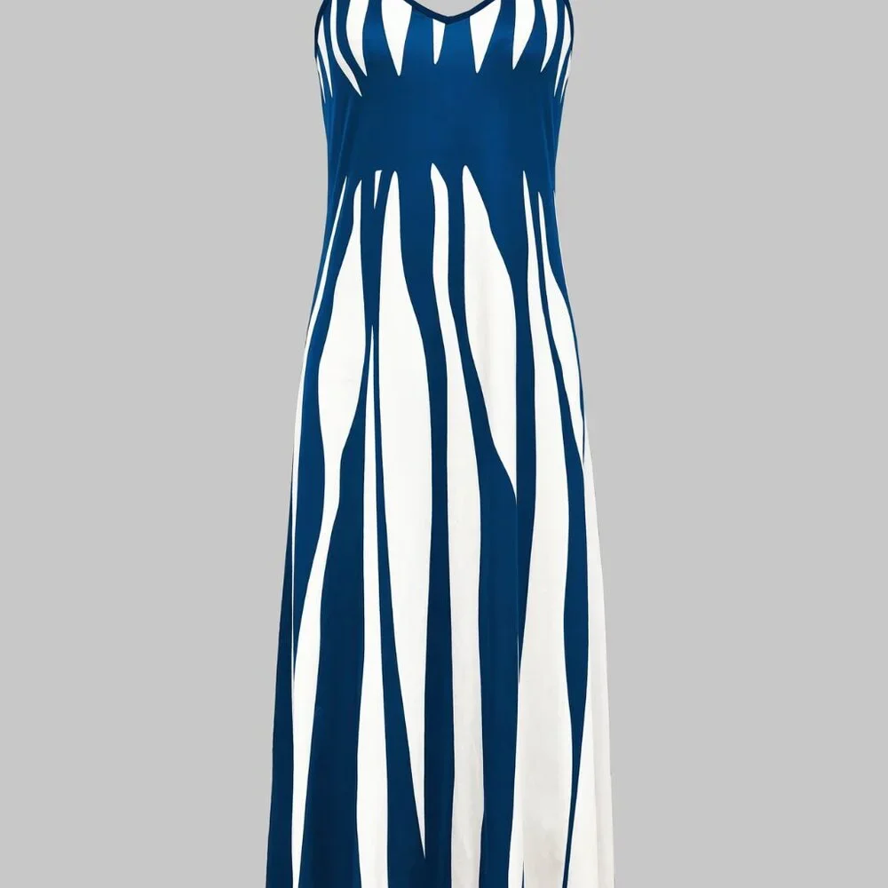 Womens Blue White Printed Maxi Dress V Neck Spaghetti Strap Size M New